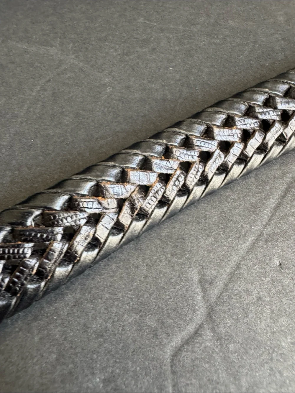 Vintage Black Woven Leather Belt Braided Silver Tone Buckle Unisex Mens 38